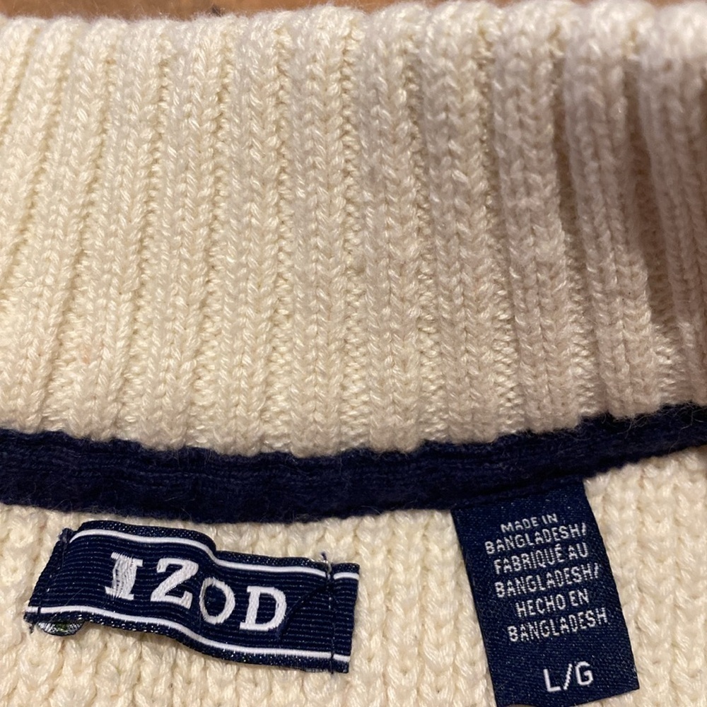 Izod Waffle Weave Fair Isle Nordic 1/4 Zip Sweater Pullover Cream Red Navy LARGE - Picture 9 of 11